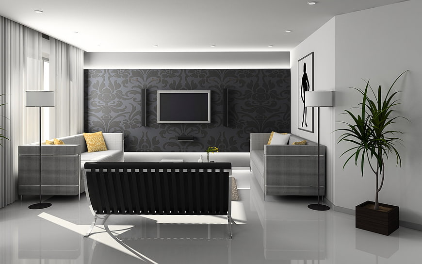 Modern minimalist living room interior with gray furniture and glossy floor