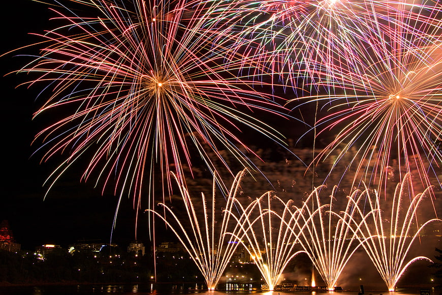 Colorful Fireworks Display Over City Skyline at Night