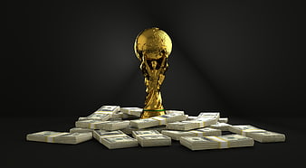 Golden World Cup Trophy Surrounded By Stacks Of Cash On Black Background