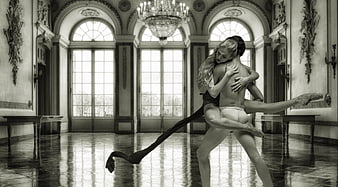 Ballet dancers performing a lift in a grand baroque ballroom
