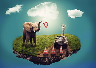 Surreal floating island with elephant and giraffe car