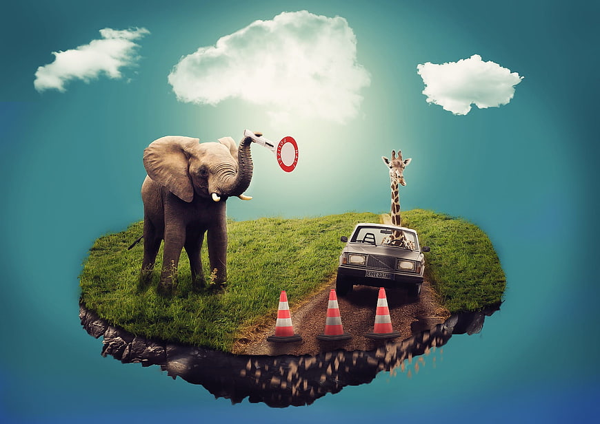 Surreal floating island with elephant and giraffe car
