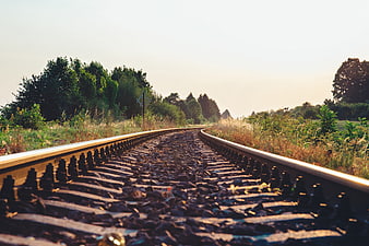 Low angle view of railway tracks curving through rural countryside