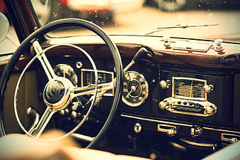 Vintage Classic Car Interior Dashboard and Steering Wheel