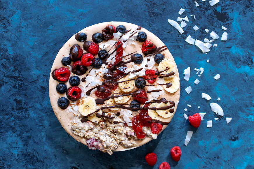 Top View of Healthy Smoothie Bowl with Berries and Banana