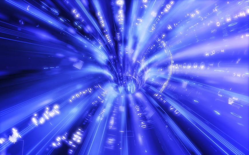 Abstract Blue Digital Wormhole Tunnel With Glowing Data Streams