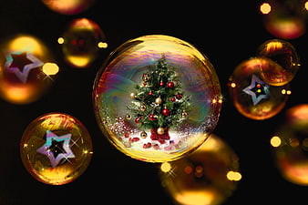 Golden Christmas Ornament Ball With Miniature Tree And Snow