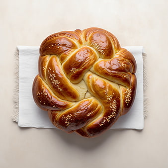 Top View of Golden Braided Challah Bread on White Linen
