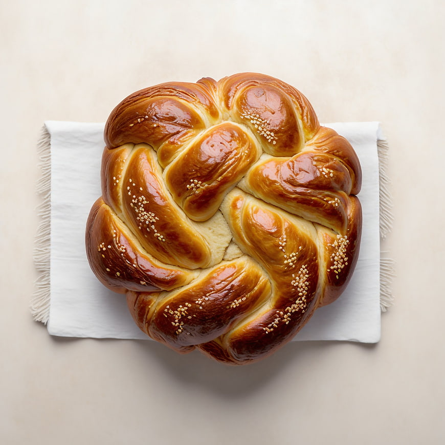 Top View of Golden Braided Challah Bread on White Linen