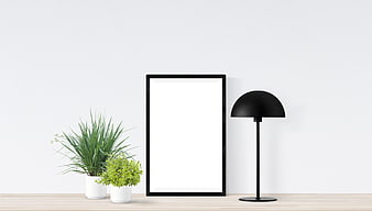 Minimalist Interior Mockup With Black Frame, Lamp, And Potted Plants