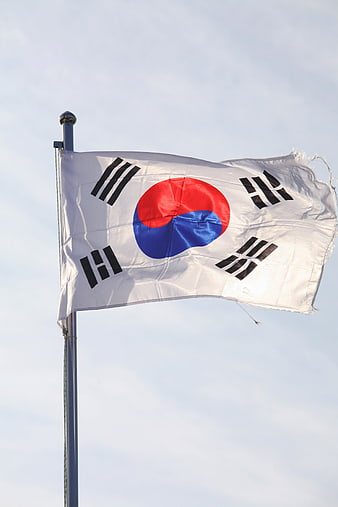 South Korea National Flag Waving on Pole Against Blue Sky