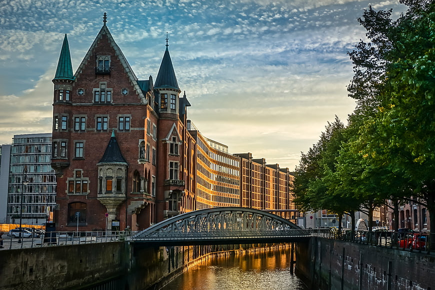 Historic Speicherstadt Hamburg Architecture at Sunset