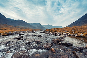 Scenic Mountain River Valley with Flowing Water and Autumn Foliage