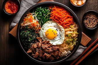 Overhead View of Colorful Korean Bibimbap Bowl with Egg