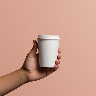 Hand holding white coffee cup mockup on pink background