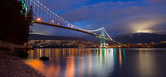 Lions Gate Bridge Vancouver Night Reflections
