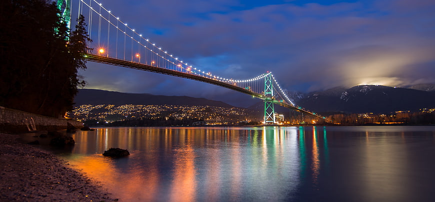 Lions Gate Bridge Vancouver Night Reflections