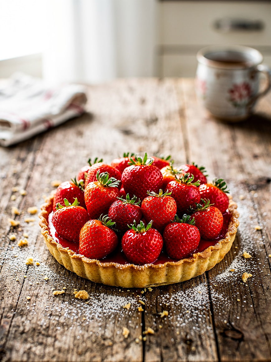 Fresh Strawberry Tart on Rustic Wooden Table