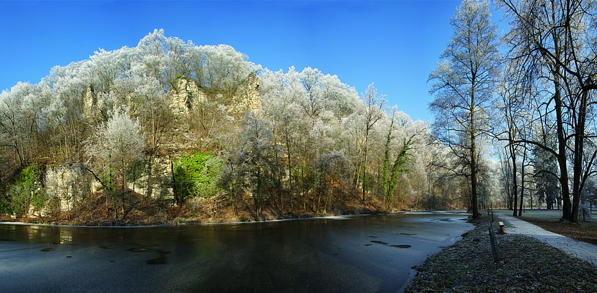 Frosted trees and frozen river in Choceň winter landscape