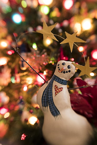 Handmade Fabric Snowman Ornament with Christmas Lights Background