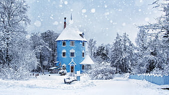 Blue Fairy Tale House in Snowy Winter Forest