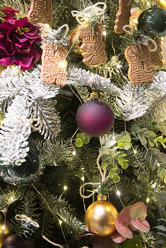 Frosted Christmas Tree with Gingerbread Ornaments and Baubles