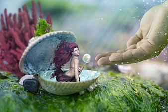 Surreal Fantasy Mermaid in Oyster Shell Offering Pearl to Giant Hand