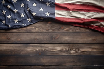 American Flag on Rustic Wooden Background with Copyspace