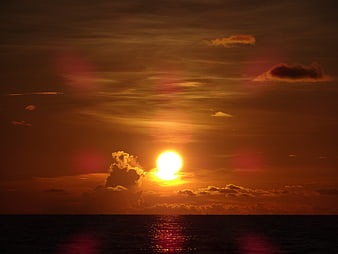 Vibrant Orange Sunset Over Ocean with Clouds and Sun Reflection
