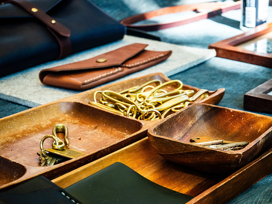 Handcrafted Leather Goods and Brass Hardware Display