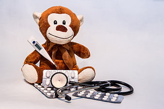 Stuffed monkey with thermometer, stethoscope, and pills on white background
