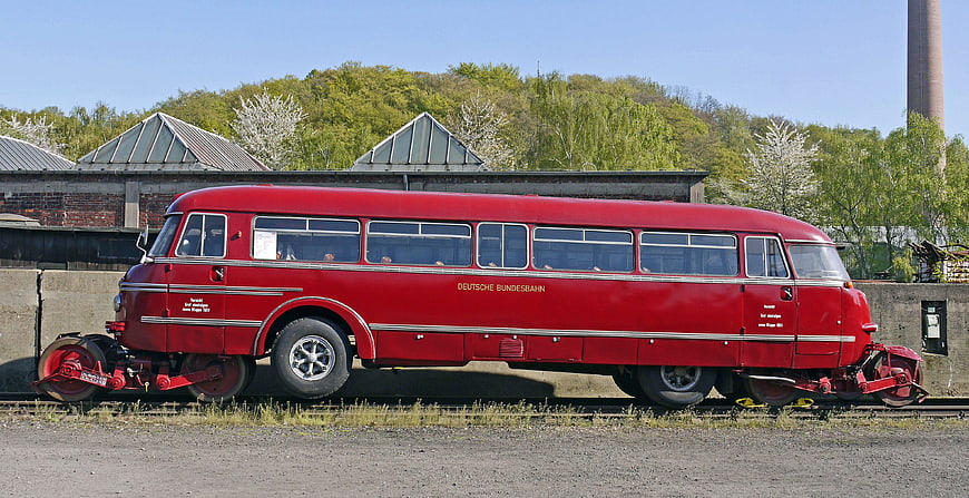 Vintage red Deutsche Bundesbahn railbus on tracks