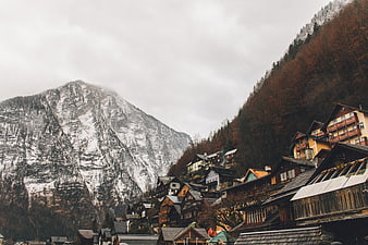 Alpine village nestled in snowy mountain valley