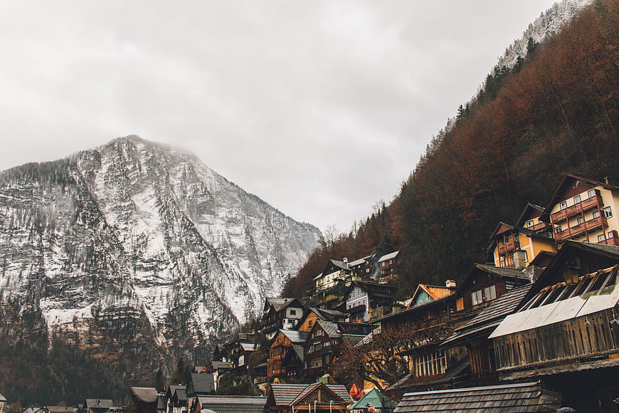 Alpine village nestled in snowy mountain valley