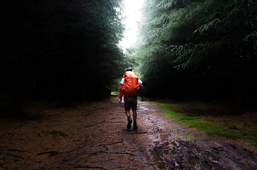 Hiker with Orange Backpack Walking on Wet Forest Trail