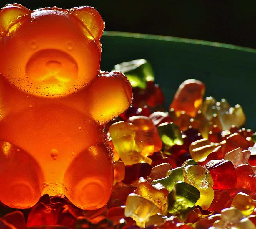 Close-up of translucent orange gummy bear candy