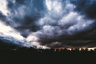Dramatic Storm Clouds Over Silhouetted Tree Line at Dusk
