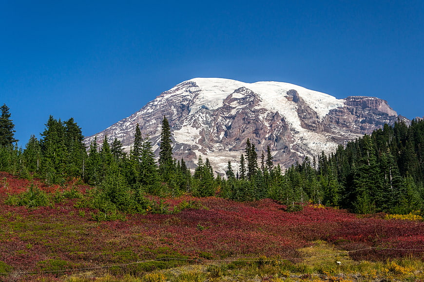 Snow-Capped Mountain Peak with Red Alpine Tundra Foreground