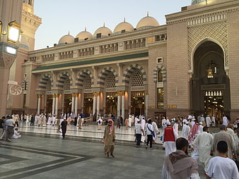 Crowded Courtyard of the Prophet's Mosque in Medina, Saudi Arabia