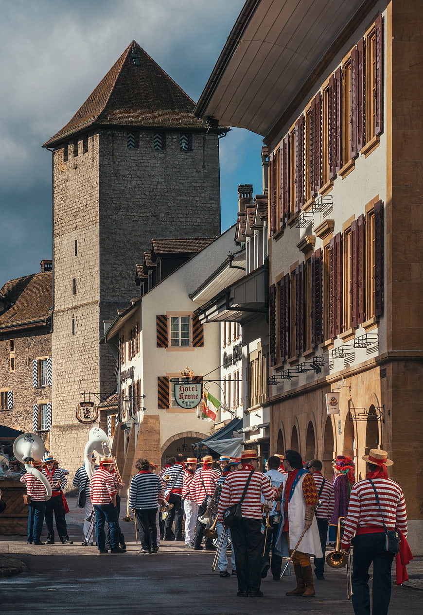 Traditional Swiss Fasnacht Parade in Basel Old Town