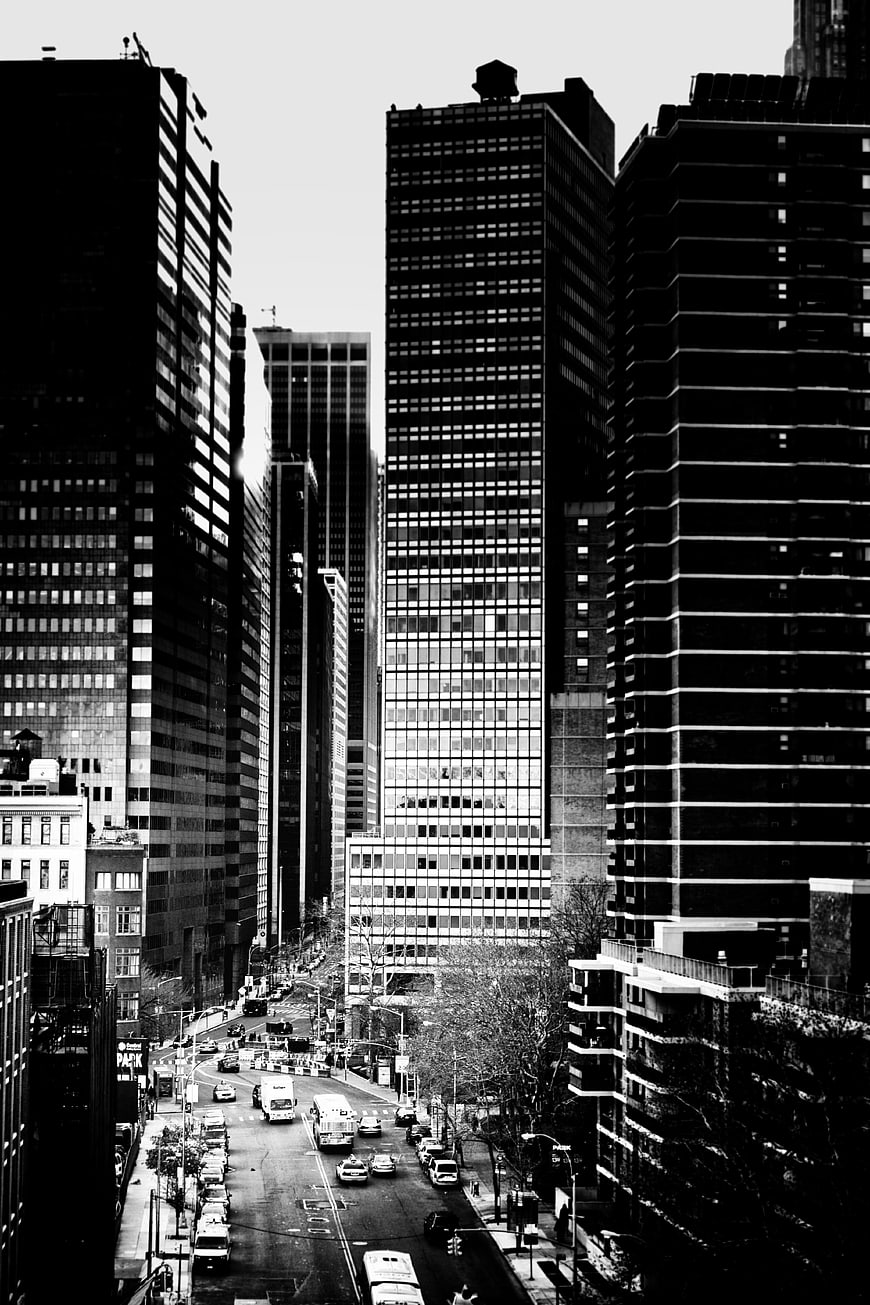 Black and White Urban Canyon Skyscrapers City Street