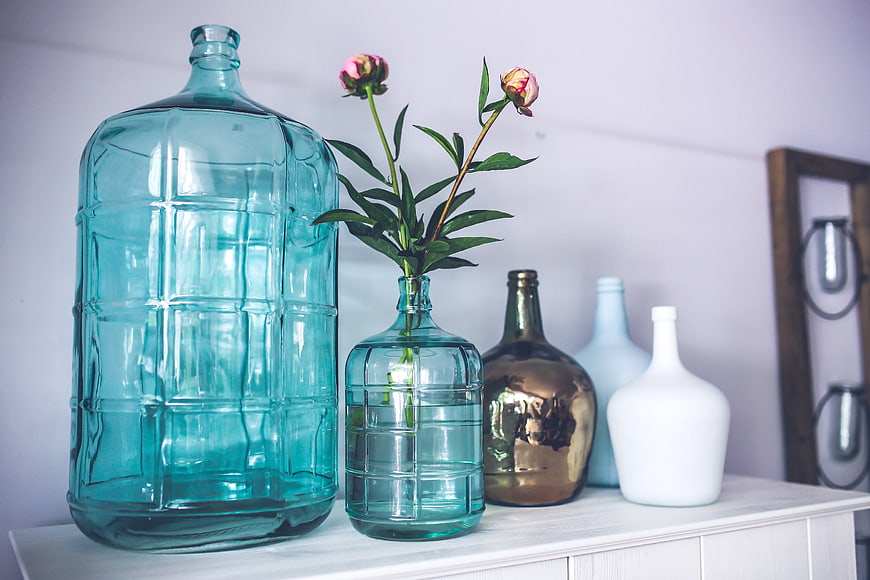 Decorative Glass Bottles and Vases with Peonies