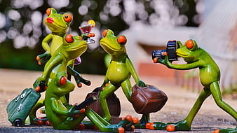 Cute Green Frog Figurines Traveling with Suitcases and Camera
