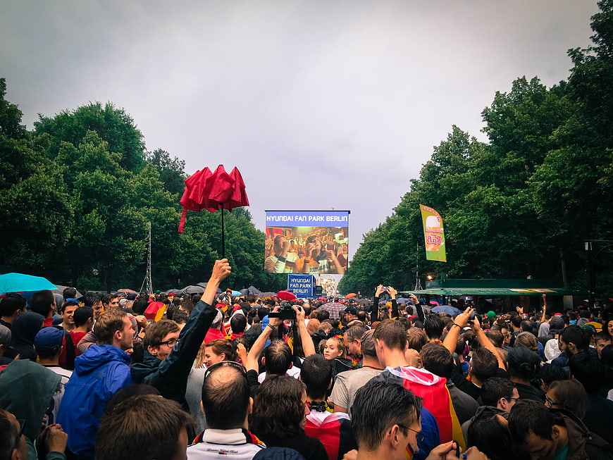 Crowd watching big screen at Hyundai Fan Park Berlin