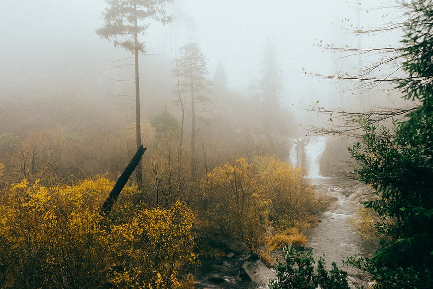 Misty waterfall in autumn forest with yellow foliage