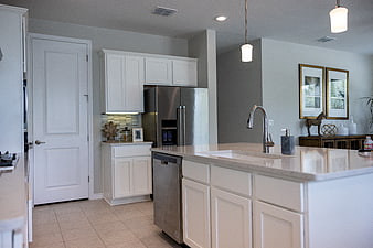 Modern White Kitchen with Island and Stainless Steel Appliances