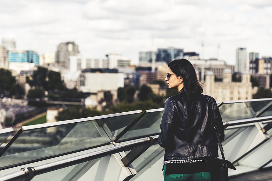 Woman in Leather Jacket Viewing London Cityscape