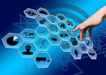 Hand Touching Industry 4.0 Hexagon Icons on Blue Background