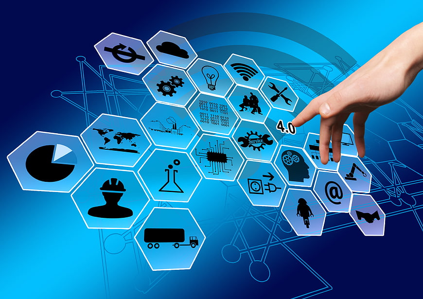 Hand Touching Industry 4.0 Hexagon Icons on Blue Background