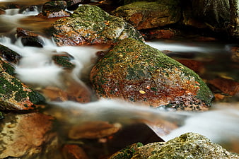Long Exposure Stream Flowing Over Mossy Rocks